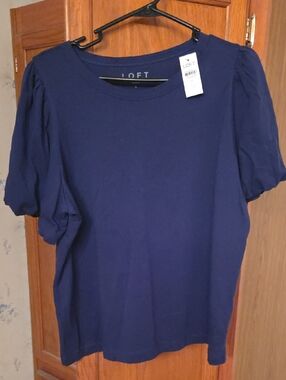 LOFT Navy Puff Sleeve Short Sleeve Knit Top NWT